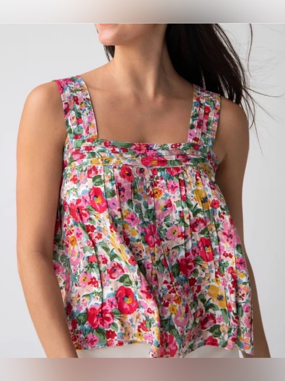 Natural Life Kate Pleated Tank Top - Bright Pink Floral size XL EUC